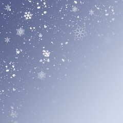 Snow background. Blue Christmas snowfall with defocused flakes. Winter concept with falling snow. Holiday texture and white snowflakes.