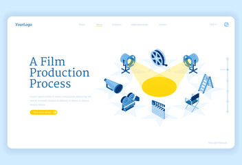 Film production isometric landing page, movie making process and equipment camera, spotlight, loudspeaker and reel with ladder and director chair stand around of illuminated stage 3d vector web banner