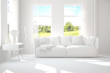 White room with sofa and green landscape in window. Scandinavian interior design. 3D illustration