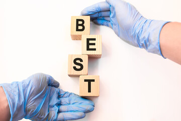 words on wooden cubes, white background. business concept