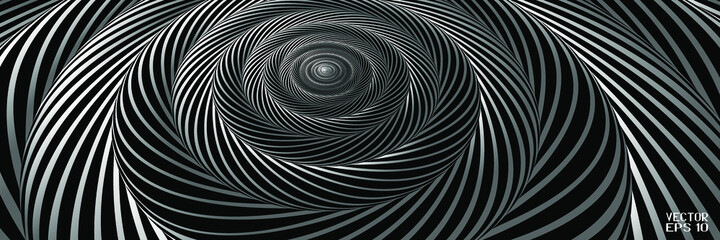 Fototapeta na wymiar Abstract Curved Spiral Background. Black and White Metallic Rotating Hypnotic Pattern. Vector. 3D Illustration