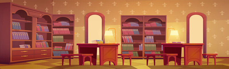 Library interior, empty room for reading with various books collection on wooden bookcase shelves, desks with lamps and wallpapers on wall. Cozy place for literature readers, cartoon vector athenaeum © klyaksun
