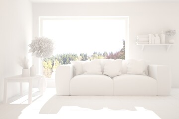 White room with sofa. Scandinavian interior design. 3D illustration