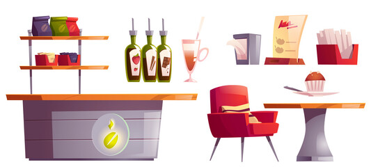 Coffee house or cafe interior stuff set. Desk with bean emblem, table with armchair, shelf with package, cup, topping in bottles bar cafeteria furniture, restaurant court. Cartoon vector illustration