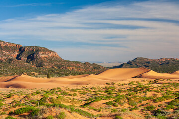 wide angle landscape view from afar of Coral Pink Sand Dunes State Park in Kanab, Utah UT