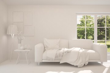 White room with sofa and green landscape in window. Scandinavian interior design. 3D illustration