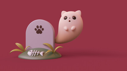 Cute ghost kitty floating in the air near its grave. Rest in peace beloved pet. Tombstone for pet with cat paw. Kawaii ghost with open mouth, cat ears, big black eyes. 3d render on crimson background