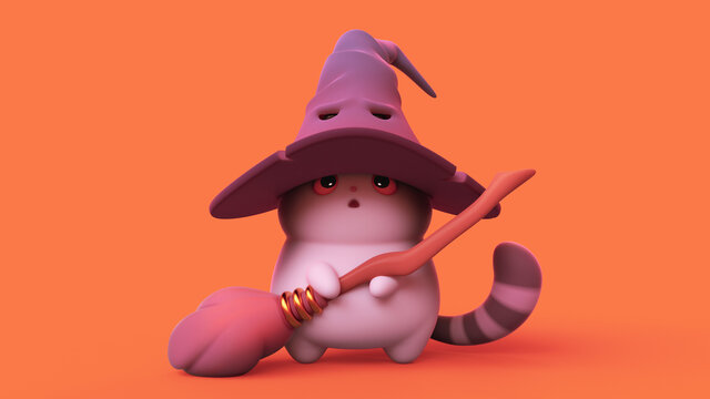 Surprised kawaii wizard cat in a big witch's purple hat with a broom in its paws stands on its hind legs. Funny cute fat cat with white belly, striped tail, open mouth. 3d render on orange backdrop