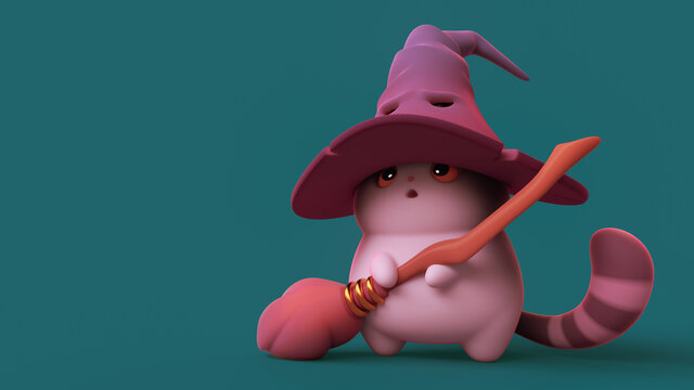 Surprised kawaii wizard cat in a big witch's purple hat with broom in its paws stands on its hind legs. Funny fat cat with white belly, striped tail, orange eyes. 3d render on dark turquoise backdrop