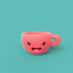 3d illustration of a colorful pink smiling cup with open mouth, black eyes on a green background. Concept art cute funny kawaii mug with a happy face. Cartoon character tea cup. Coffee time concept.