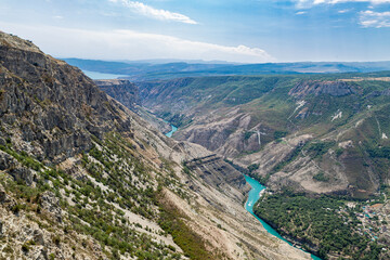 Sulak river in Sulak canyon behind the dam of the Chirkei hydroelectric power station. Dagestan, North Caucasus, Russia.