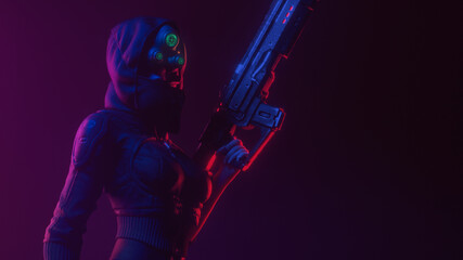 Young beautiful futuristic woman in hooded leather jacket wears night vision helmet holds assault rifle in one hand on dark scene. 3d illustration of a dangerous cyberpunk girl in tight black clothes.