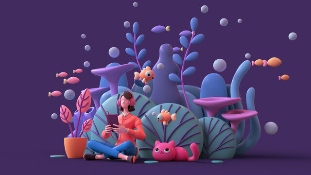 Young woman in headphones learning online with tablet at home. Brunette girl in a red shirt, blue jeans sitting in deep underwater with pink cat, fish, algae, coral reefs. 3d render on purple backdrop