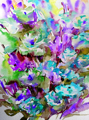 Abstract bright colored decorative background . Floral pattern handmade . Beautiful tender romantic bouquet of spring flowers , made in the technique of watercolors from nature.