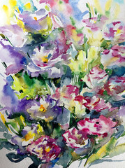 Abstract bright colored decorative background . Floral pattern handmade . Beautiful tender romantic bouquet of spring flowers , made in the technique of watercolors from nature.