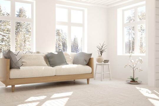 White room with sofa and winter landscape in window. Scandinavian interior design. 3D illustration