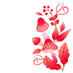 Autumn banner with leaves, mushrooms and berries. Decorative element for postcards on white background.