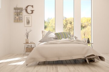 White bedroom with autumn landscape in window. Scandinavian interior design. 3D illustration