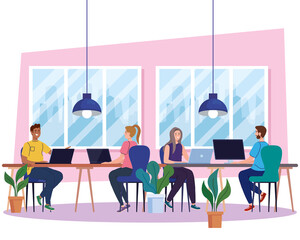 coworking space, young people with computers in big desk, team working concept vector illustration design