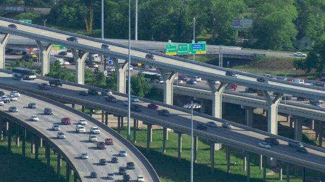 Traffic in downtown Houston freeway, aerial