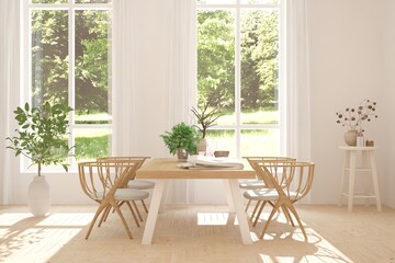 White dinner room with green landscape in window. Scandinavian interior design. 3D illustration