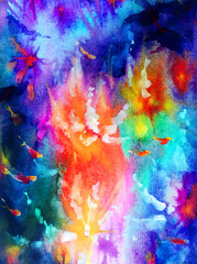 Watercolor abstract bright colorful textural background handmade . Painting of underwater world of coral reef. Modern sea scape