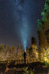 Man looking at the Milky way with a head lamp