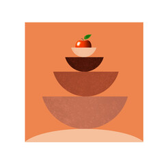 Abstract wooden bowls are seen with fruit in this decorative food illustration.