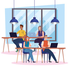 coworking space, young people with computers in desks, team working concept vector illustration design