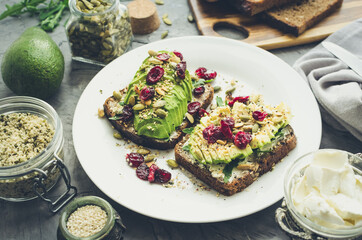 Healthy avocado toasts for breakfast or lunch