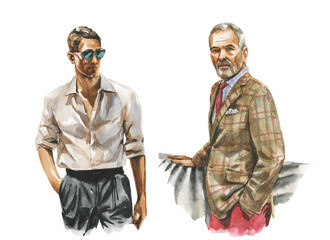 Fashion watercolor illustration of man in business casual outfit. Hand drawn painting of elegant suit. Luxury look © Arteria|lab