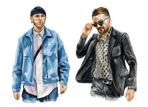 Fashion watercolor illustration of man in stylish trendy outfit. Hand drawn painting of male hipster. Street style look