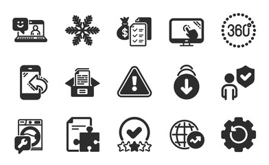World statistics, Accounting wealth and Incoming call icons simple set. Recovery gear, Washing machine and Strategy signs. Rating stars, Smile and Scroll down symbols. Flat icons set. Vector