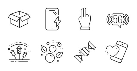 Opened box, Click hand and Clean bubbles line icons set. Chemistry dna, Smartphone charging and 5g wifi signs. Heart, Fireworks rocket symbols. Quality line icons. Opened box badge. Vector