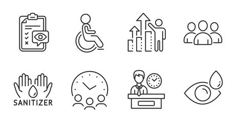 Fototapeta premium Group, Eye checklist and Hand sanitizer line icons set. Employee results, Disabled and Eye drops signs. Meeting time, Presentation time symbols. Group of users, Optometry, Hygiene care. Vector