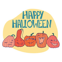 Vector illustration of a group of halloween pumpkins with different cute facial expressions under the text Happy Halloween. Sutable for funny invitations, promotions, posters and banners.