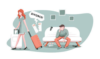 Angry wife with suitcase walking away from her husband, ready for divorce. Married couple undergoing relationship crisis, breakup or separation, cartoon vector illustration.