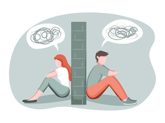 Divorce, breakup, separation concept. Depressed man and woman divided by stone wall, married couple having relationship problem, love misunderstandings, vector illustration in flat style