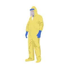 Man in protective yellow suit and mask