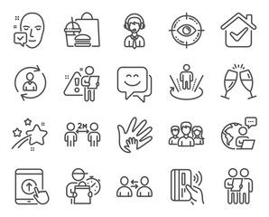 People icons set. Included icon as Augmented reality, Smile face, Face accepted signs. Champagne glasses, Shipping support, Survey symbols. Contactless payment, Swipe up, Communication. Vector