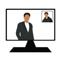 Videoconference with two male characters on a computer screen