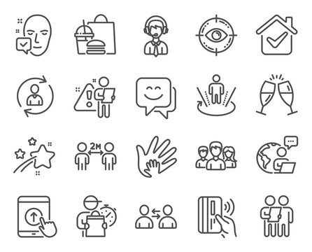 People icons set. Included icon as Augmented reality, Smile face, Face accepted signs. Champagne glasses, Shipping support, Survey symbols. Contactless payment, Swipe up, Communication. Vector