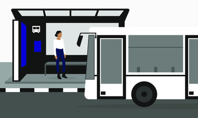 Female character at the bus stop and the approaching bus © Tatyana