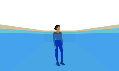 Female character in clothes stands in a pool full of water