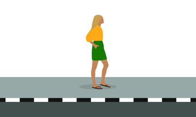 Female character in summer clothes goes on the sidewalk near the road