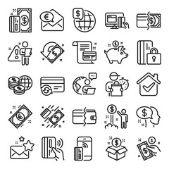 Money wallet line icons. Update credit card, Contactless payment and Piggy bank linear icons. Online payment, Dollar exchange and Fast money send. Private pay, Blocked credit card and Wallet. Vector