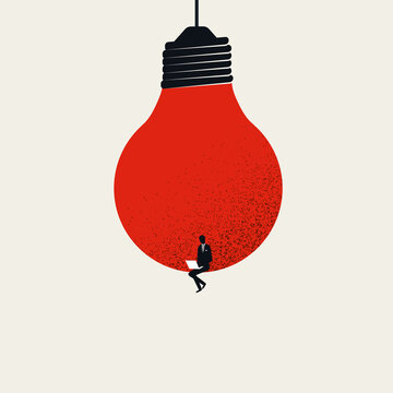 Content creation, creative person vector concept. Man sitting in lighbulb with laptop. Symbol of creativity.