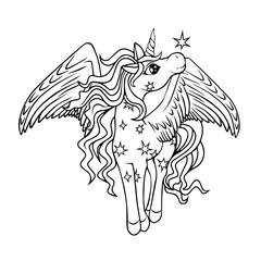 Cute magical winged unicorn with stars. Black outline. Coloring.
