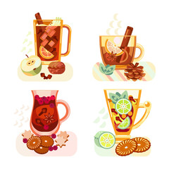 A set of different types of tea. Hot drinks. Spices, berries, fruits. Vector illustration.
