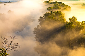 Beautiful panoramic landscape with river valley covered by thick fog in autumn in the early morning. Sunrise. Sun rays shine through the thick fog.
